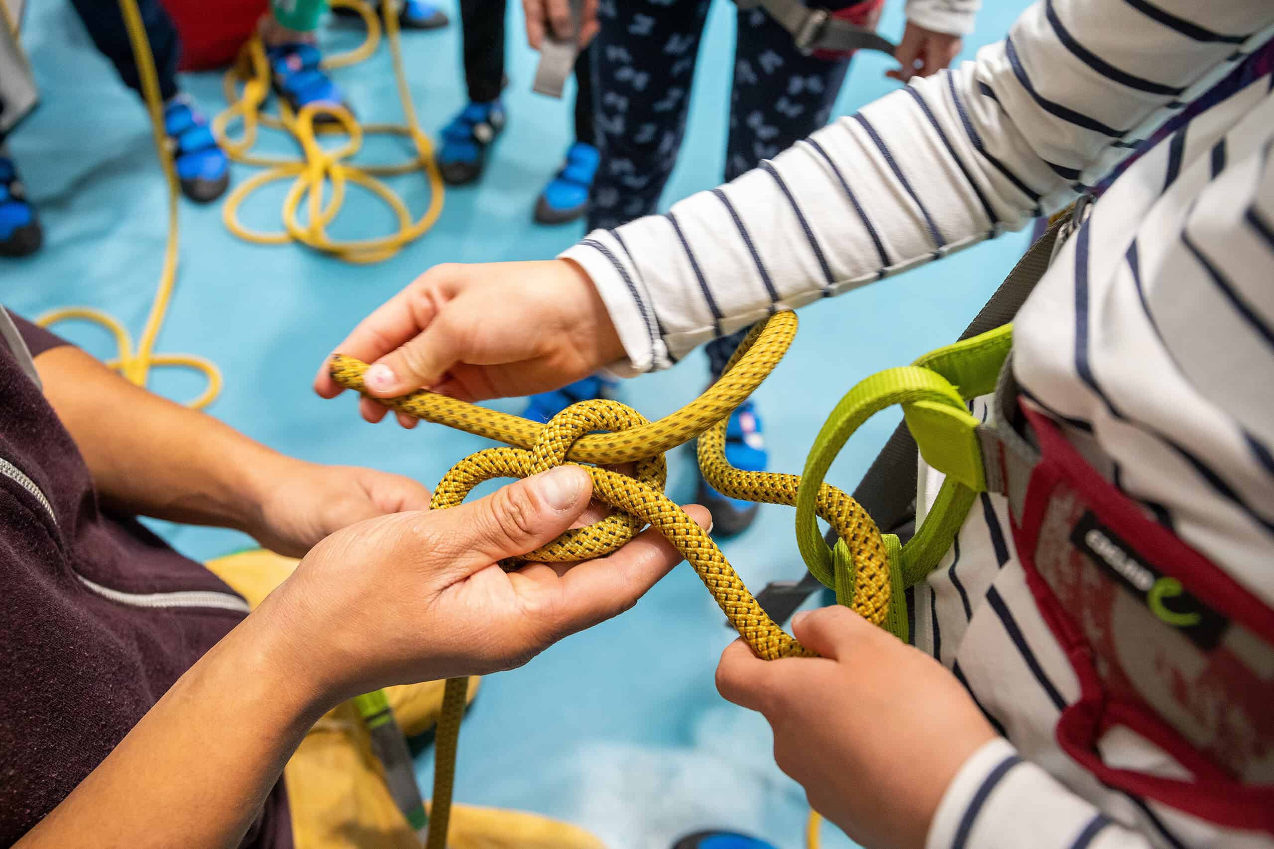 Hände, die ein Seil knoten, Spende für Familienhilfe – finanzielle Hilfe in einer akuten Belastungssituation