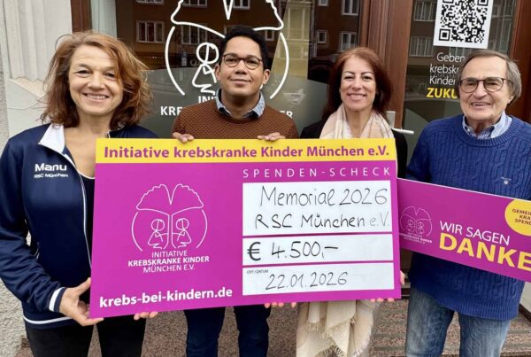 Vier Personen mit Spendenscheck vor dem Inibüro